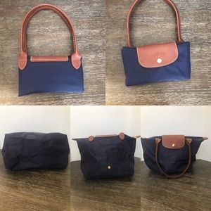 Medium Navy Blue Longchamp Le Pilage Brown Straps